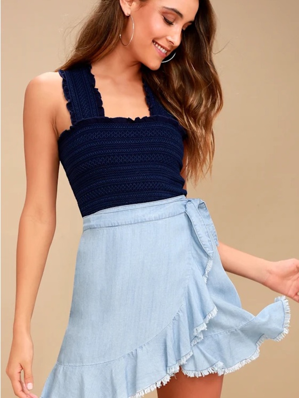 BB Dakota Light Blue Ruffle Wrap Mini Skirt